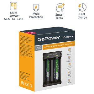 00-00015360 LiCharger 4 Зарядное устройство для аккумуляторов Ni-MH/Ni-Cd/Li-ion, 2 слота, GoPower