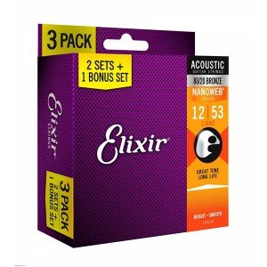 16539 NANOWEB Струны для акустической гитары, 3 комплекта, Light, бронза 80/20, 12-53, Elixir 16539 NANOWEB Струны для акустической гитары, 3 комплекта, Light, бронза 80/20, 12-53, Elixir