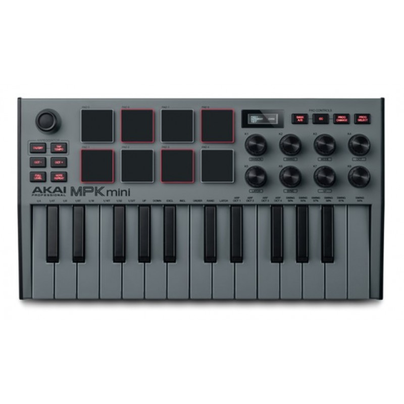 AKAI PRO MPK MINI MK3 Grey миди клавиатура с уменьшенными клавишами, цвет серый с серой клавиатурой