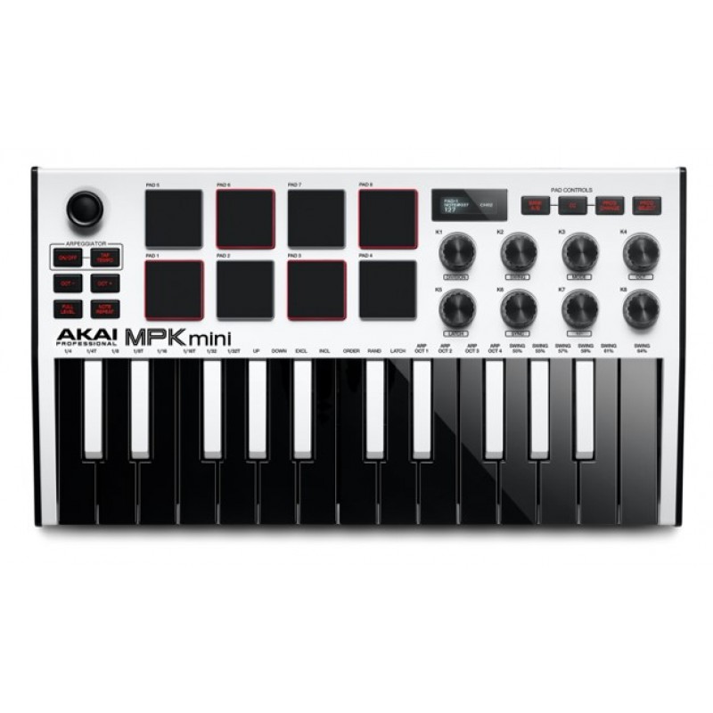 AKAI PRO MPK MINI MK3 W миди клавиатура с уменьшенными клавишами, цвет белый с черной клавиатурой