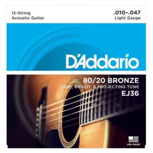 D"ADDARIO EJ36 BRONZE 12-STRING ACOUSTIC GUITAR STRINGS, LIGHT, 10-47