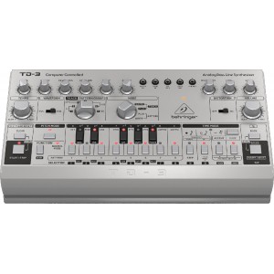 BEHRINGER TD-3-SR Аналоговый басовый синтезатор с 16-ступенчатым секвенсором и фильтрами VCO, VCF и VCA, серебристый