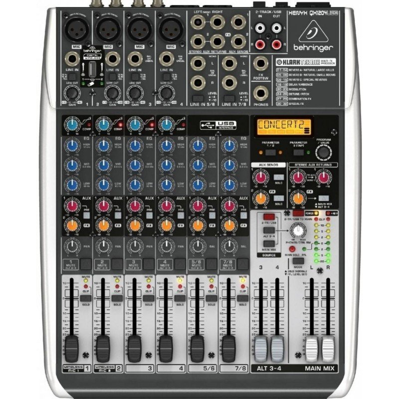 BEHRINGER QX1204USB микшер, 4 моновхода с компрессорами, 2 стерео, 2 AUX-шины, процессор эффектов, USB