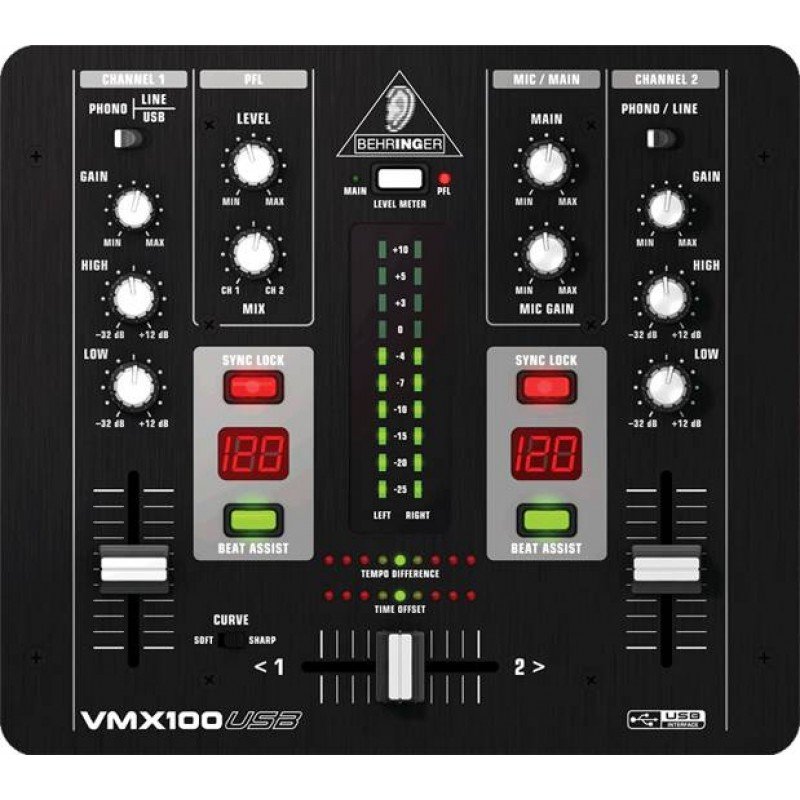 BEHRINGER VMX100USB DJ микшер, 2 входных канала, счетчики темпа, кроссфейдер VCA,,USB