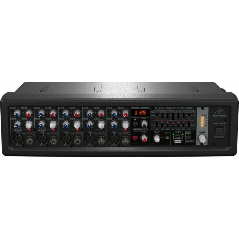 BEHRINGER PMP550M активный микшер 2х250 Вт, 5 микрофонно-линейных моновходов, процессор эффектов, вход USB-приемника радиосистем