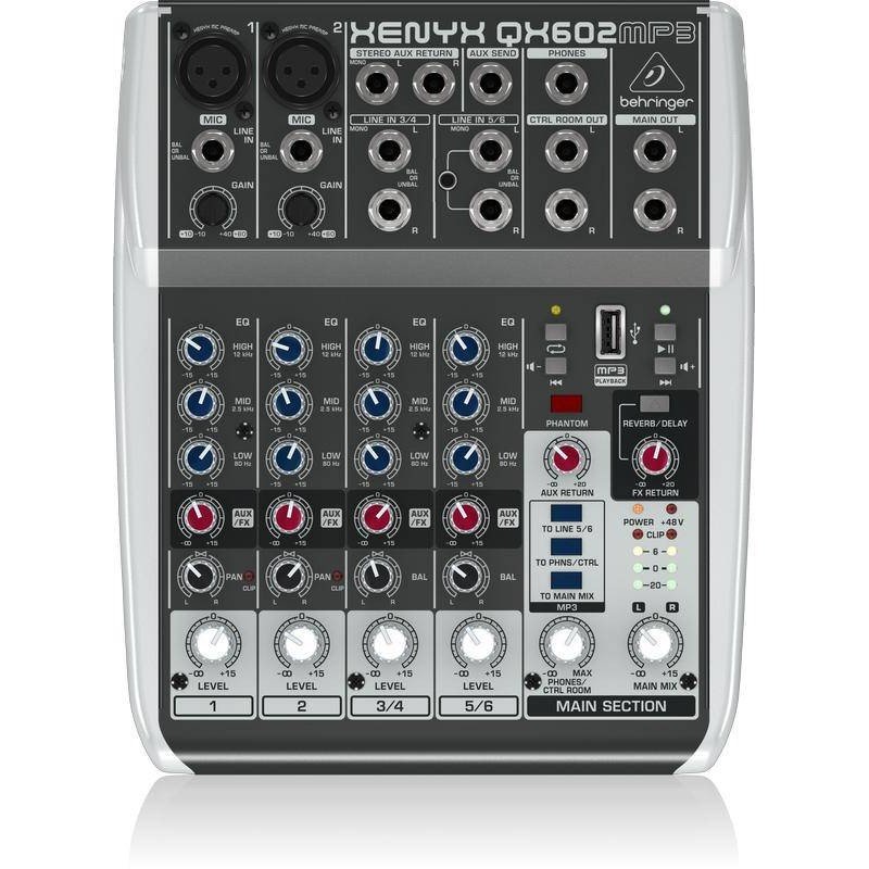 BEHRINGER XENYX QX602MP3 микшерный пульт, 6 входов, 2 шины, предусилители XENYX, процессор эффектов, MP3 проигрыватель