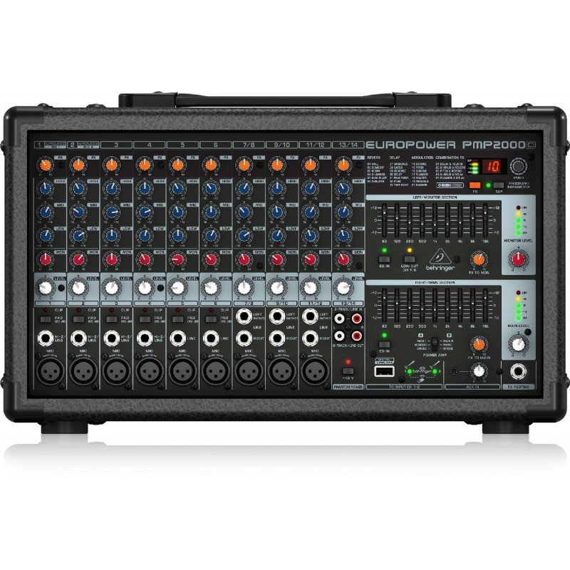 BEHRINGER PMP2000D микшер-усилит, 2x500 Вт на 8 Ом (2 x 1000 Вт на 4 Ом),14 каналов