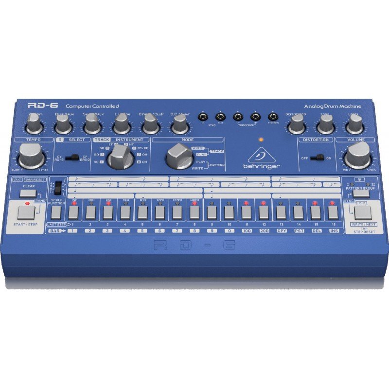 BEHRINGER RD-6-BU аналоговая драм-машина, 8 сэмпов ударных, 16-шаговый секвенсер, емкость памяти 2х16 паттернов, встроенный дист