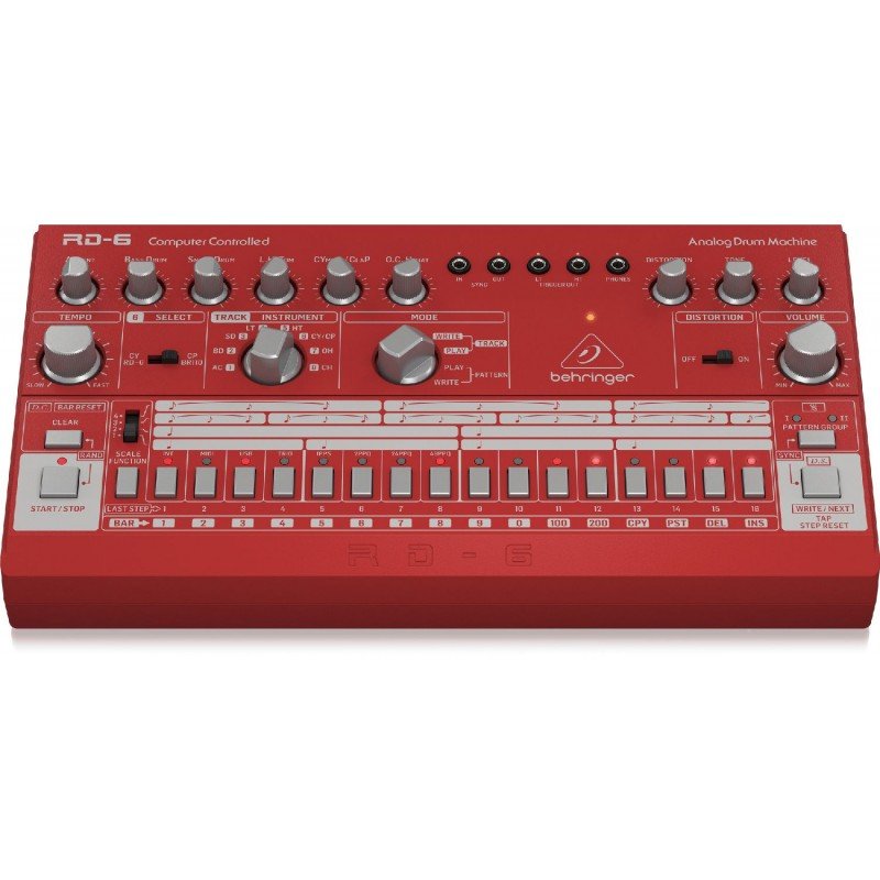 BEHRINGER RD-6-RD аналоговая драм-машина, 8 сэмпов ударных, 16-шаговый секвенсер, емкость памяти 2х16 паттернов, встроенный дист