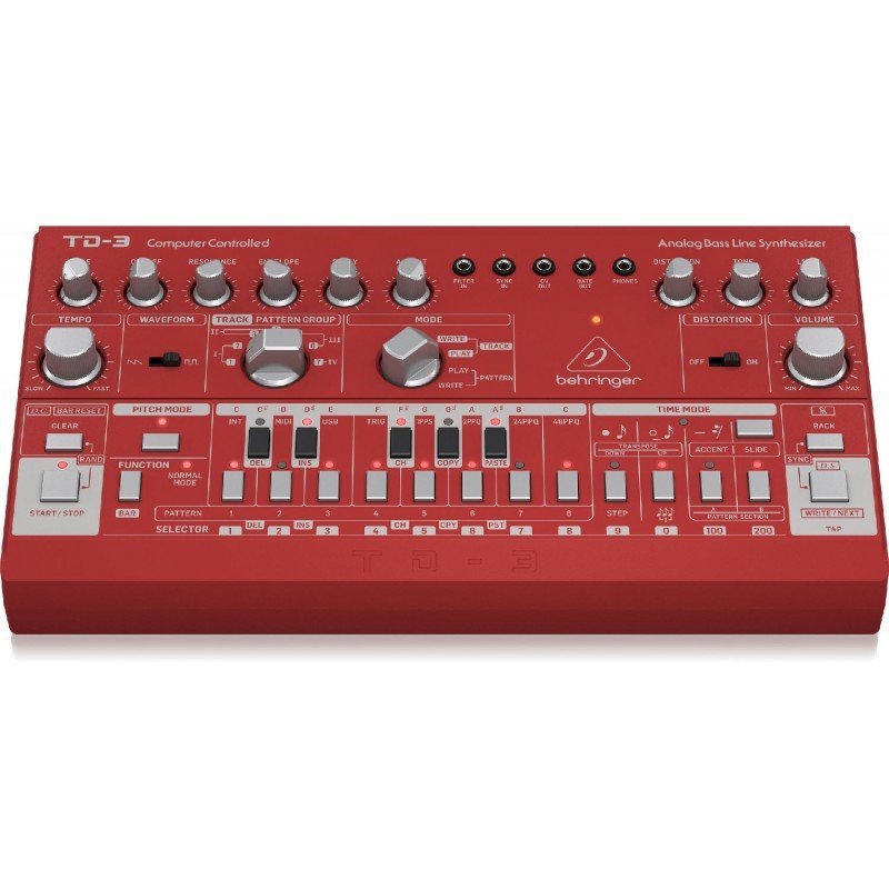 BEHRINGER TD-3-RD Аналоговый басовый синтезатор с 16-ступенчатым секвенсором и фильтрами VCO, VCF и VCA, красный