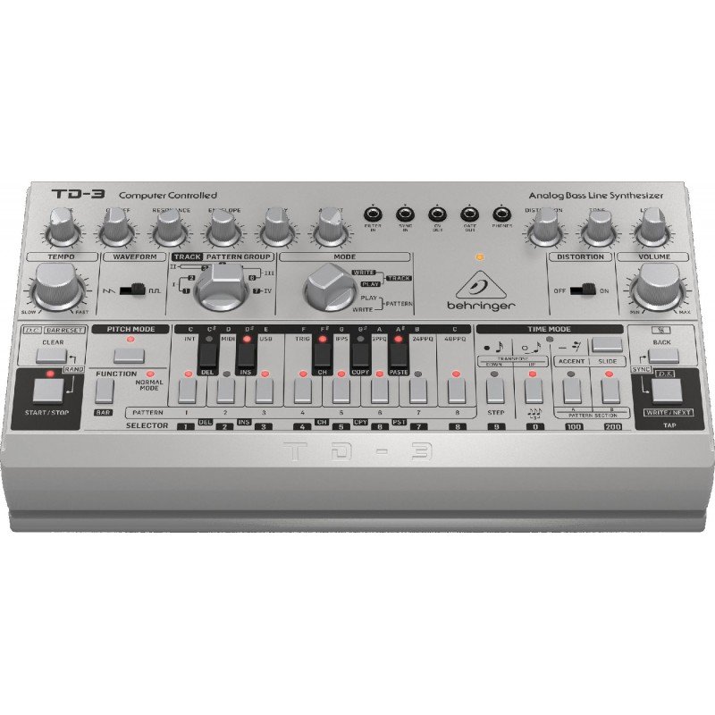 BEHRINGER TD-3-SR Аналоговый басовый синтезатор с 16-ступенчатым секвенсором и фильтрами VCO, VCF и VCA, серебристый