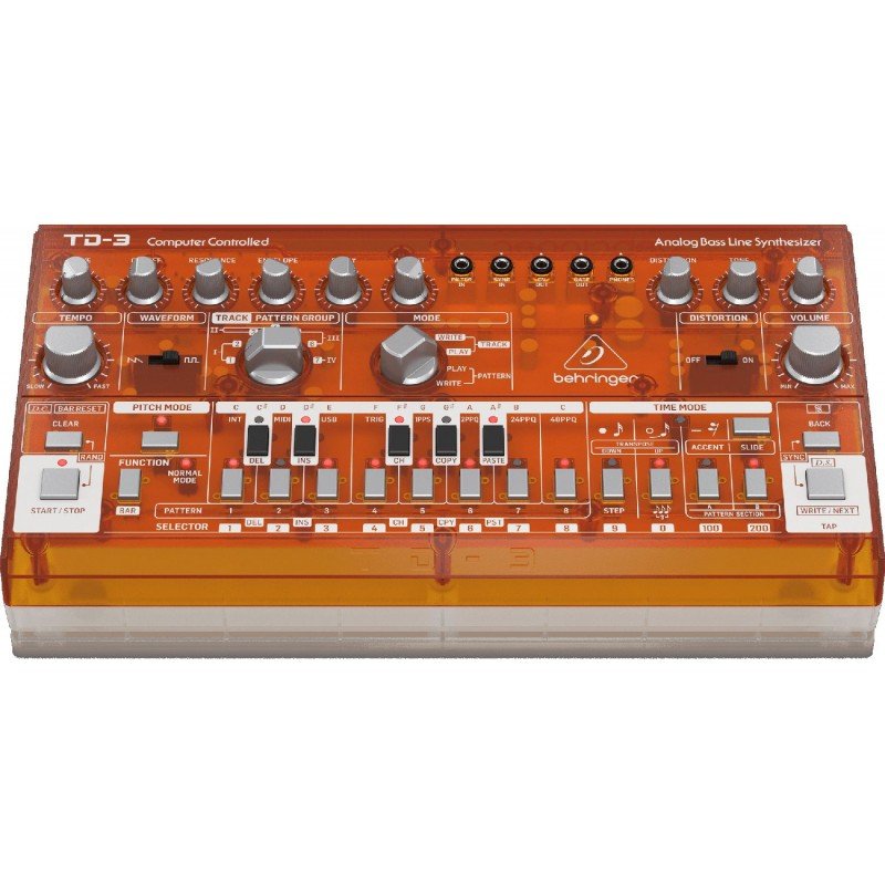 BEHRINGER TD-3-TG Аналоговый басовый синтезатор с 16-ступенчатым секвенсором и фильтрами VCO, VCF и VCA, прозрачный оранжевый