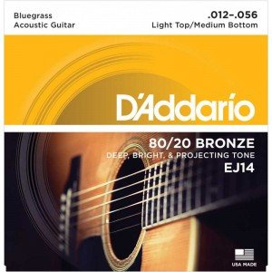 D"ADDARIO EJ14 80/20 BRONZE ACOUSTIC GUITAR STRINGS, LIGHT TOP/MEDIUM BOTTOM/BLUEGRASS, 12-56 D"ADDARIO EJ14 80/20 BRONZE ACOUSTIC GUITAR STRINGS, LIGHT TOP/MEDIUM BOTTOM/BLUEGRASS, 12-56