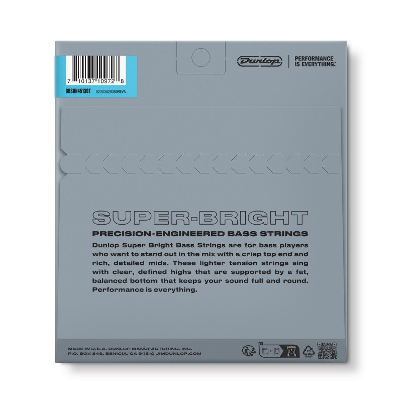 DBSBN45130T Super Bright Tapered Комплект струн для 5-струнной бас-гитары, никелир., 40-120, Dunlop