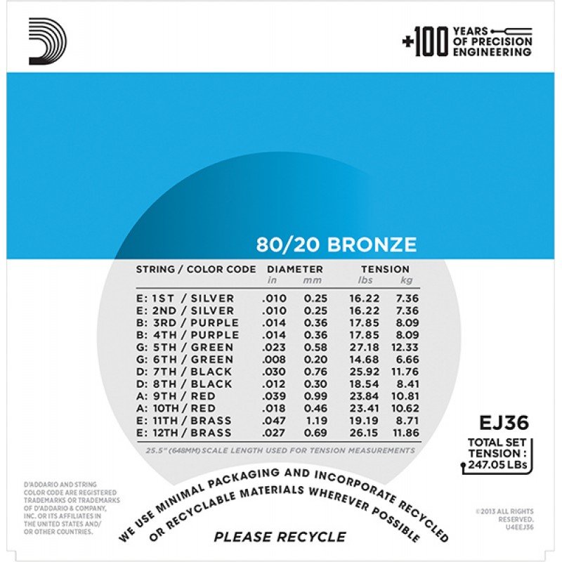 EJ36 BRONZE 80/20 Струны для акустической 12-струнной гитары бронза Light 10-47 D`Addario