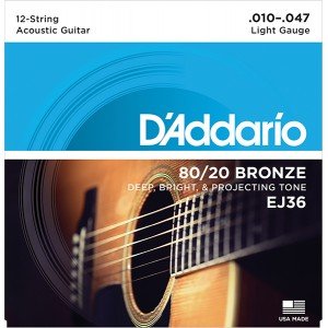 EJ36 BRONZE 80/20 Струны для акустической 12-струнной гитары бронза Light 10-47 D`Addario
