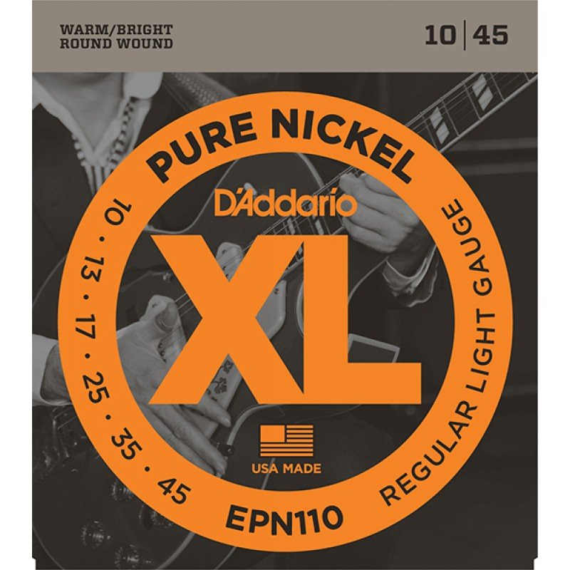 EPN110 XL Pure Nickel Комплект струн для электрогитары, никель, Regular Light 10-45, D'Addario