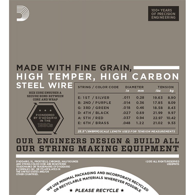 EPN115 XL Pure Nickel Комплект струн для электрогитары, никель, Medium 11-48, D'Addario