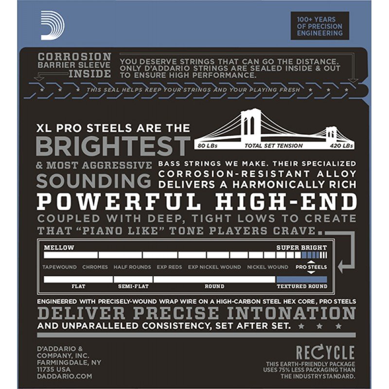 EPS165 ProSteels Комплект струн для бас-гитары, Custom Light, 45-105, Long Scale, D'Addario