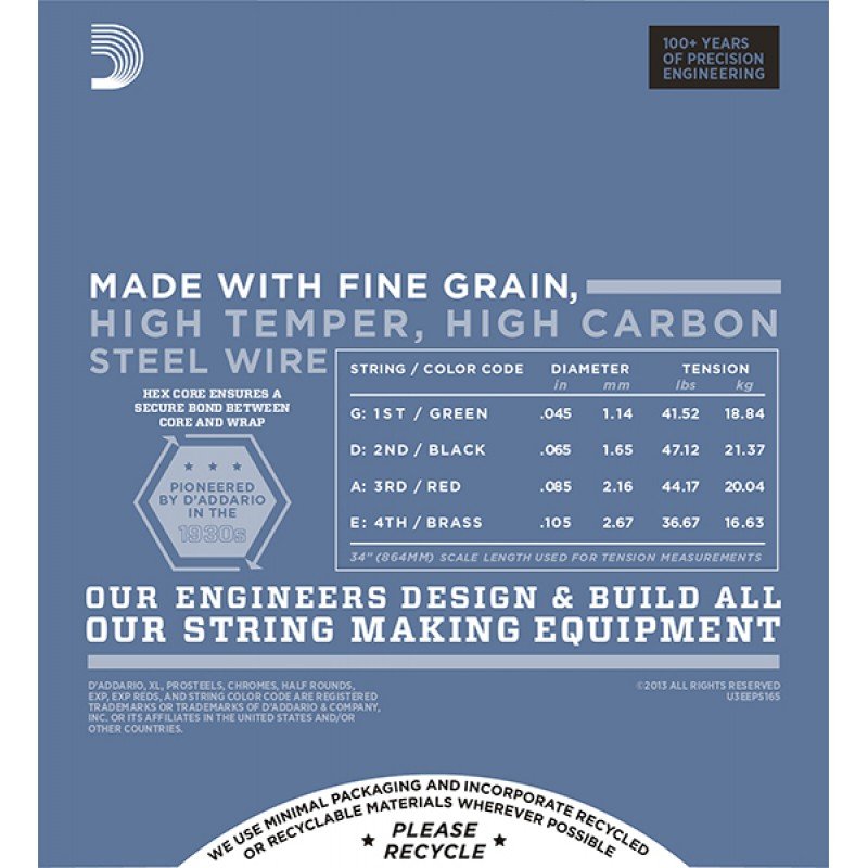 EPS165 ProSteels Комплект струн для бас-гитары, Custom Light, 45-105, Long Scale, D'Addario