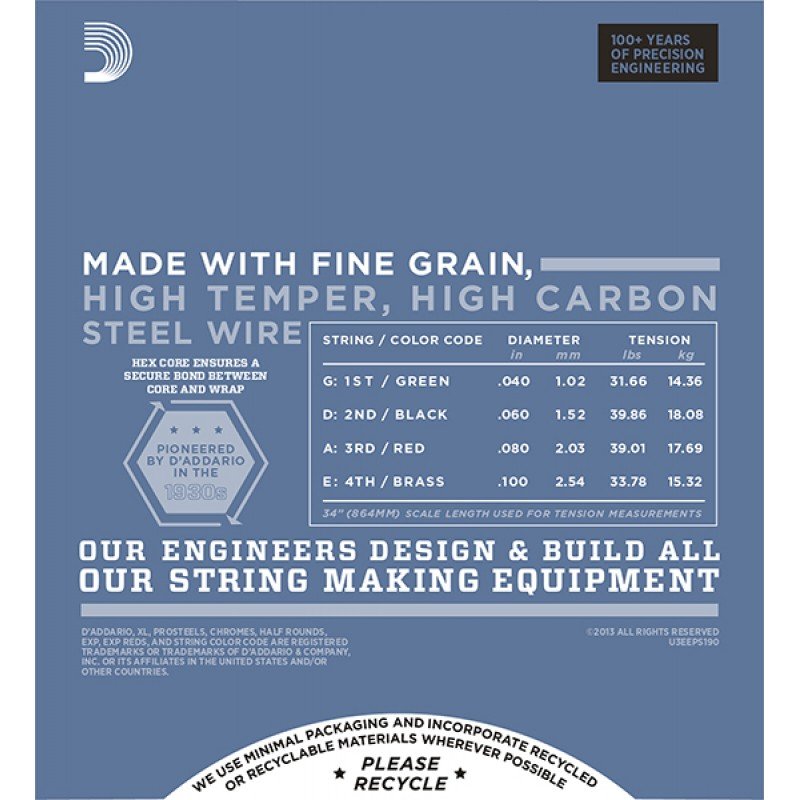 EPS190 ProSteels Комплект струн для бас-гитары, Custom Light, 40-100, D'Addario