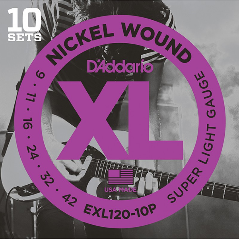 EXL120-10P Nickel Wound Струны для электрогитары, Super Light, 9-42, 10 комплектов, D'Addario