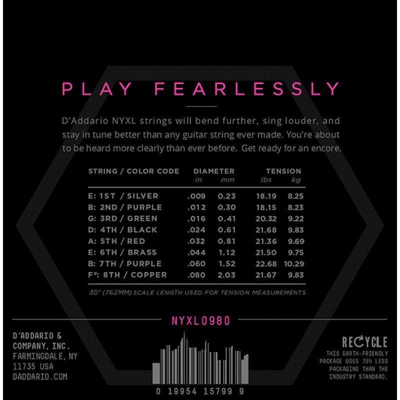 NYXL0980 NYXL Комплект струн для 8-струнной электрогитары, Super Light, 09-80, D'Addario