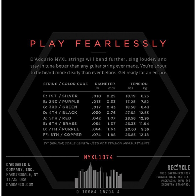NYXL1074 NYXL Комплект струн для 8-струнной электрогитары, LTop/HBottom, 10-74, D'Addario