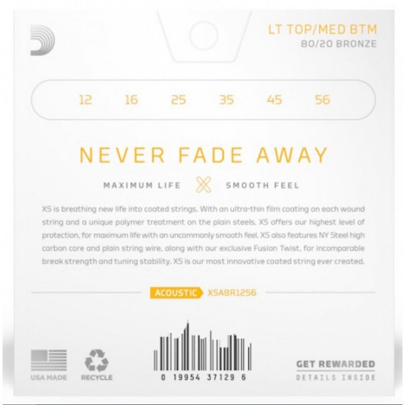 XSABR1256 XS Комплект струн для акустической гитары, бронза 80/20, 12-56, D'Addario