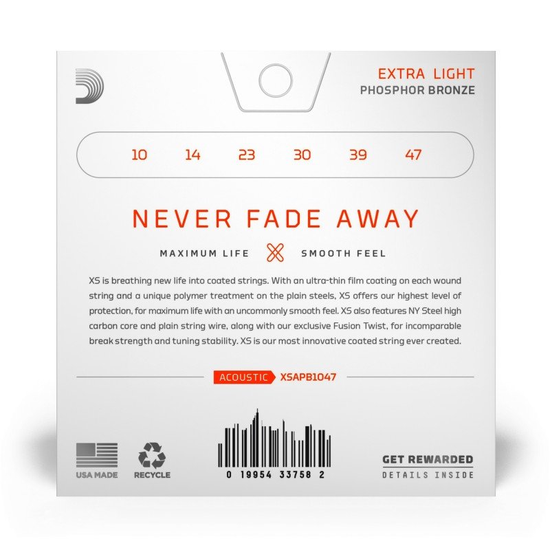 XSAPB1047 XS Комплект струн для акустической гитары, фосфорная бронза, 10-47, D'Addario