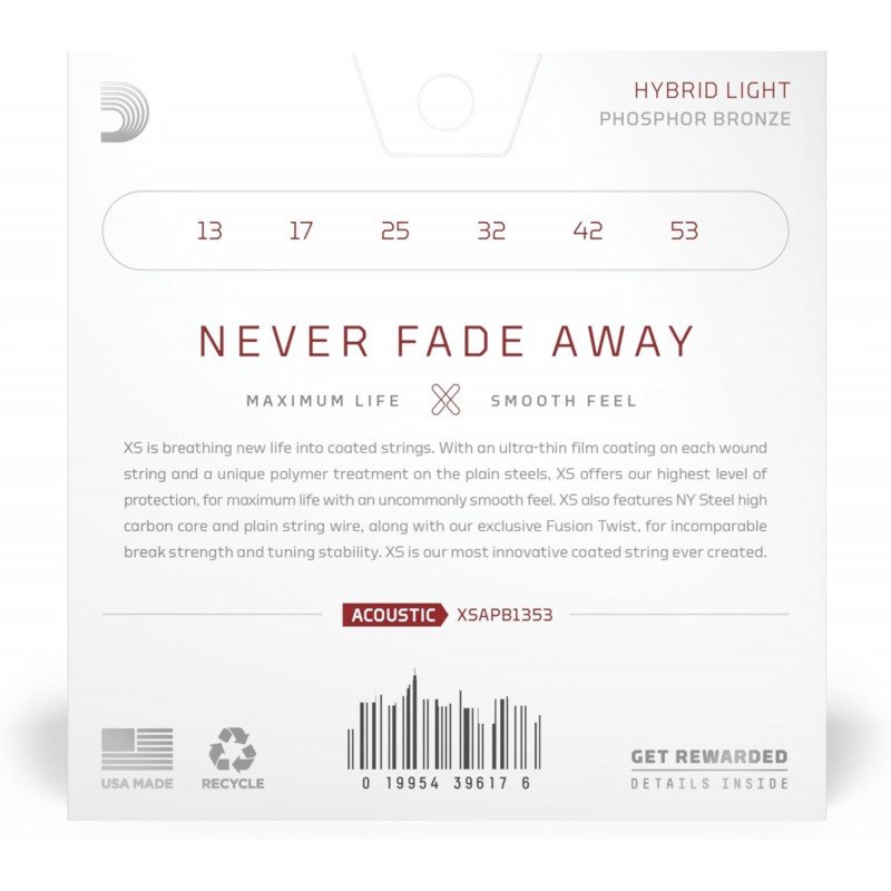 XSAPB1353 XS Комплект струн для акустической гитары, фосфорная бронза, 13-53, D'Addario