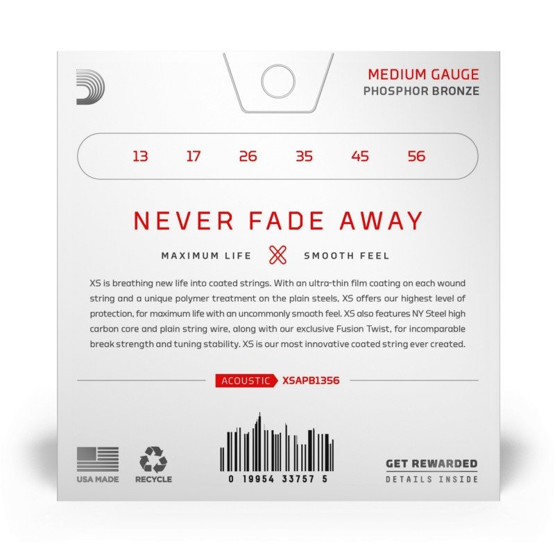 XSAPB1356 XS Комплект струн для акустической гитары, фосфорная бронза, 13-56, D'Addario