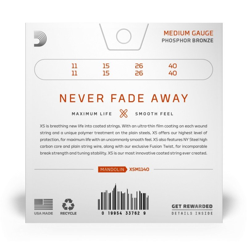 XSM1140 XS Комплект струн для мандолины, фосфорная бронза, 11-40, D'Addario