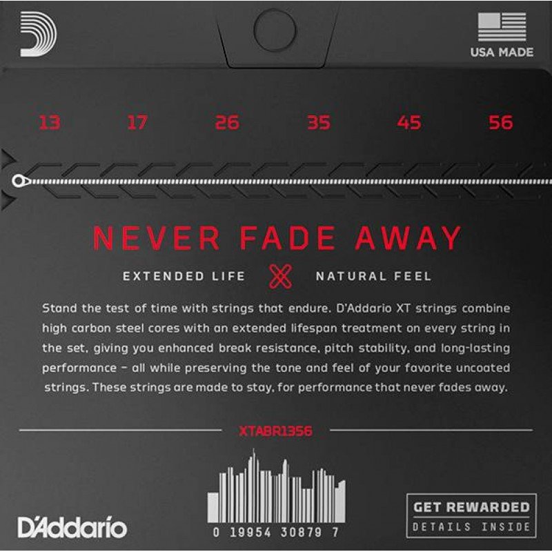 XTABR1356 XT Комплект струн для акустической гитары, бронза 80/20, 13-56, с покрытием, D'Addario
