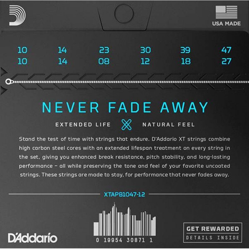XTAPB1047-12 XT Комплект струн для 12-струнной акуст. гитары, ф.бронза,10-47, с покрытием, D'Addario